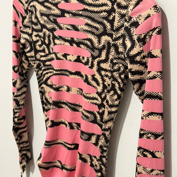 Maisie Wilen Ruched Printed Stretch-Jersey Turtleneck Mini Dress — Pink, Size XS - Picture 4 of 7